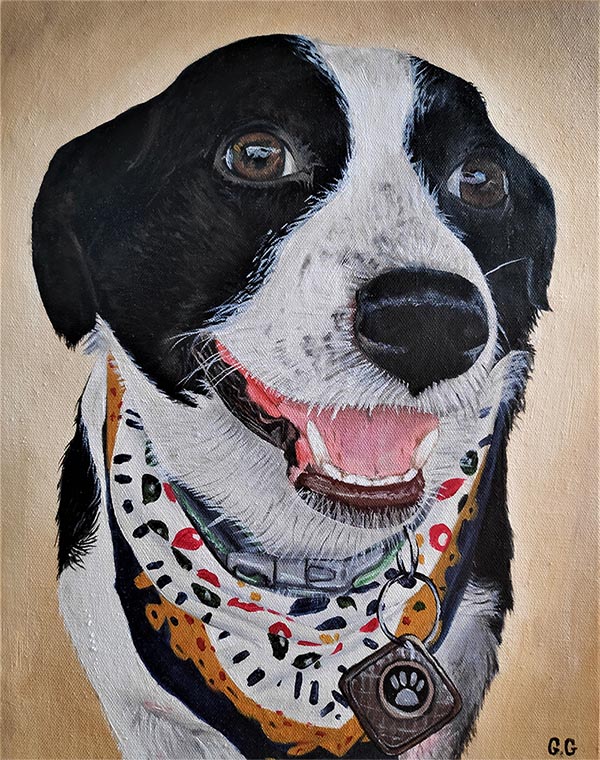 a handmade oil portrait of a mutt with bandana