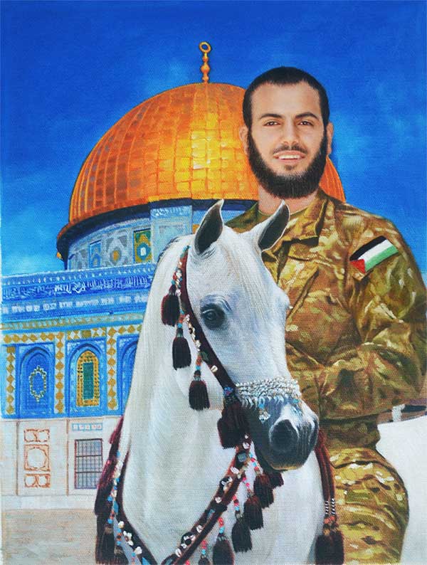 Handmade oil painting of a man riding a horse