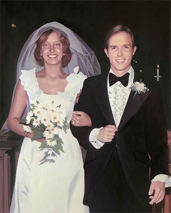 an oil painting of groom and bride old vintage