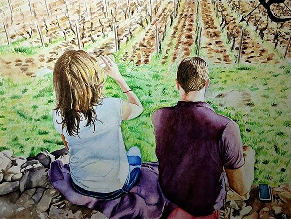 custom watercolor painting of couple by farm field