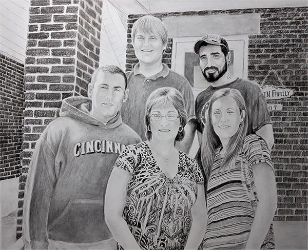 a charcoal drawing of a family infront of house