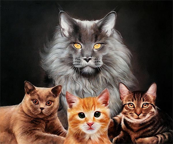 collage oil painting of 4 cats