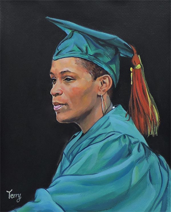 an oil painting of a graduate student