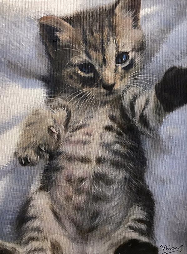 an oil painting of a brown striped kitten with blue eyes