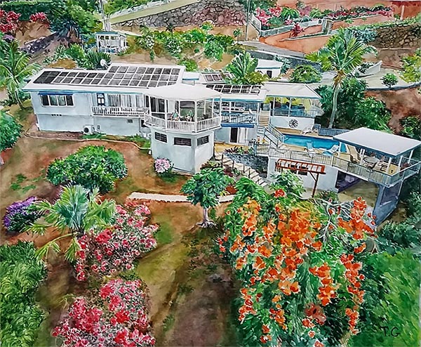 custom watercolor painting of a Caribbean house