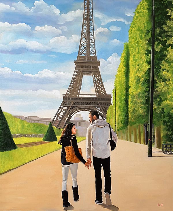 photo to painting of couple holding hands by Eiffel Tower