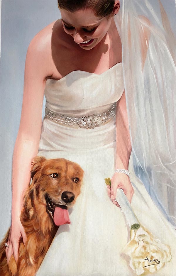 custom oil painting of woman on wedding day with dog