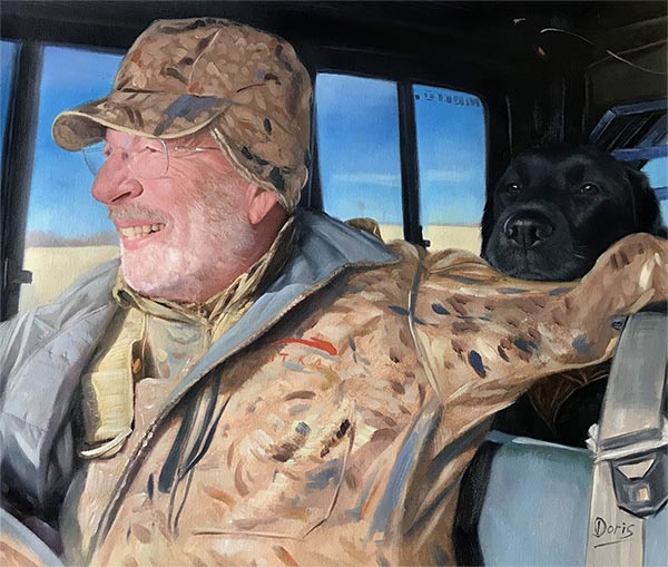 custom oil painting of father and dog bonding