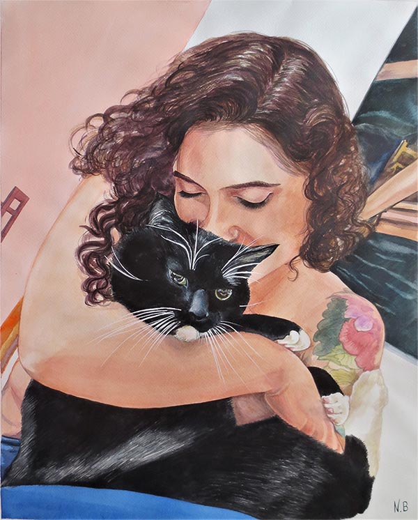 watercolor painting of tattoo girl hugging black cat