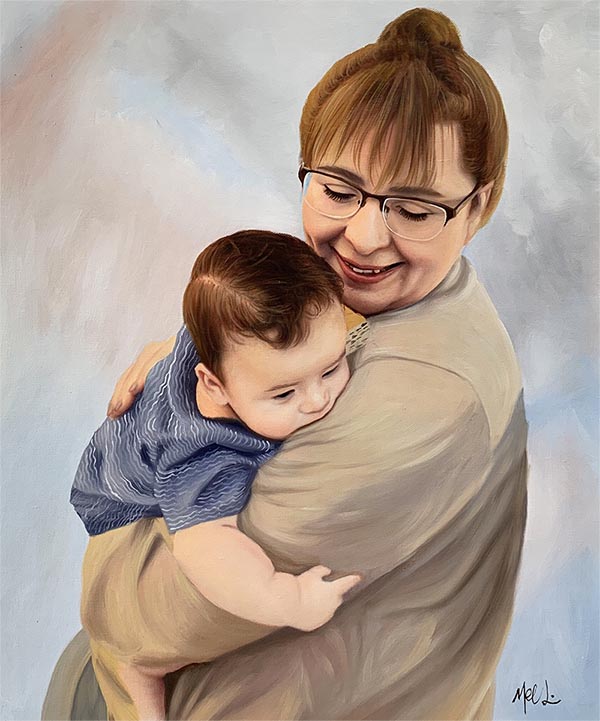 a custom oil portrait of grandmother holding a child