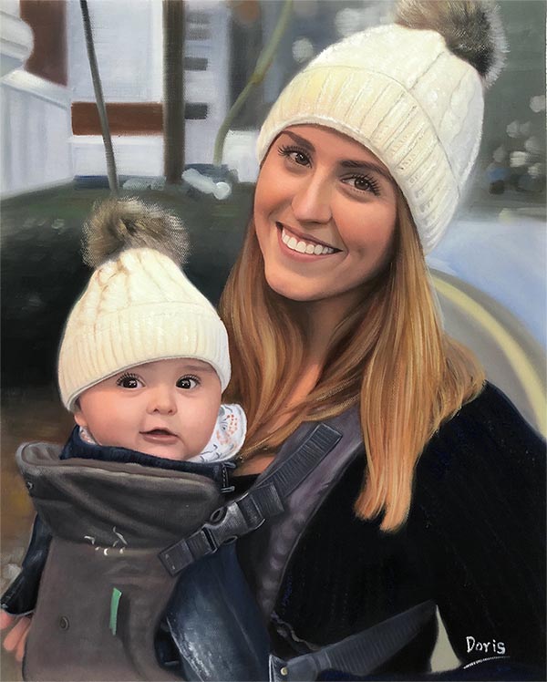 an oil painting of mother and her child outside