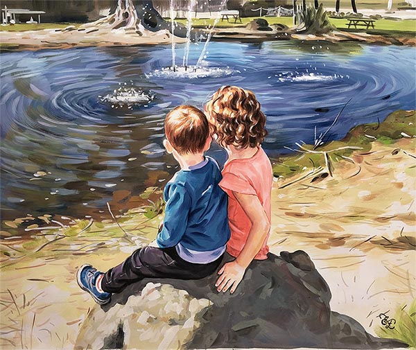 portrait of two children next to a lake pastel