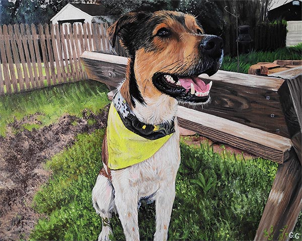 closeup oil painting of dog with green scarf