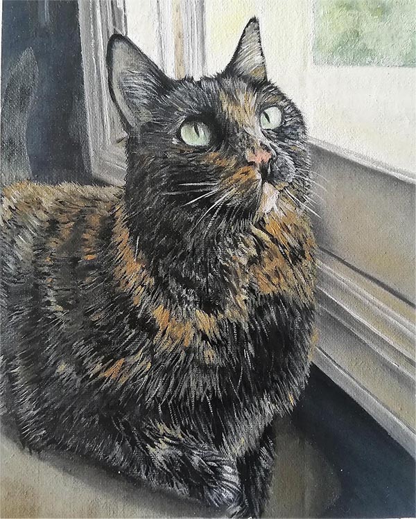 an oil painting of a brown black cat