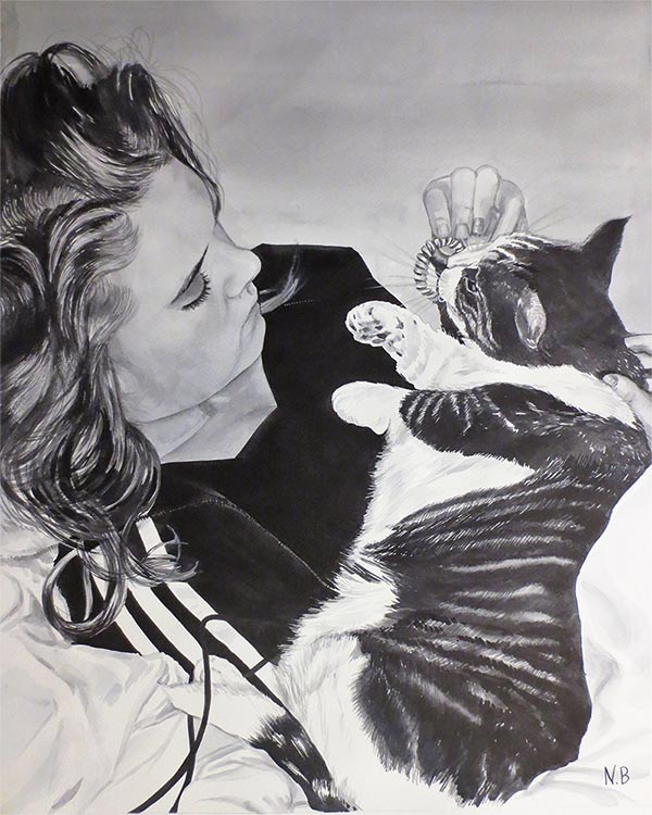 black and white watercolor painting of girl with her cat