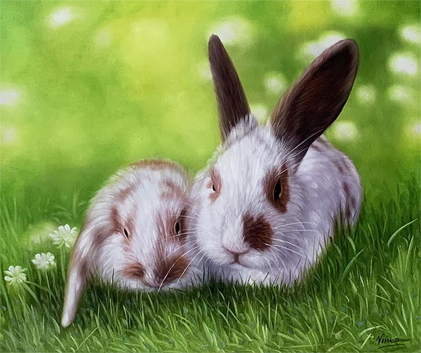 custom acrylic painting of two rabbits on a field
