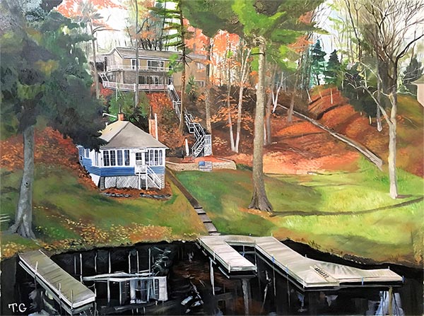 Custom oil handmade painting of a house by the lake