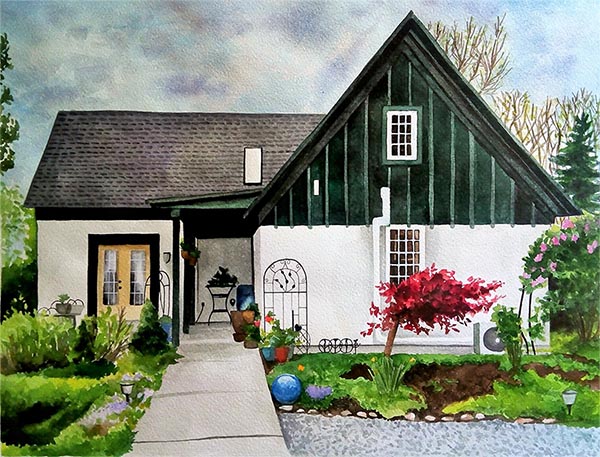 watercolor painting of home with a lovely front yard