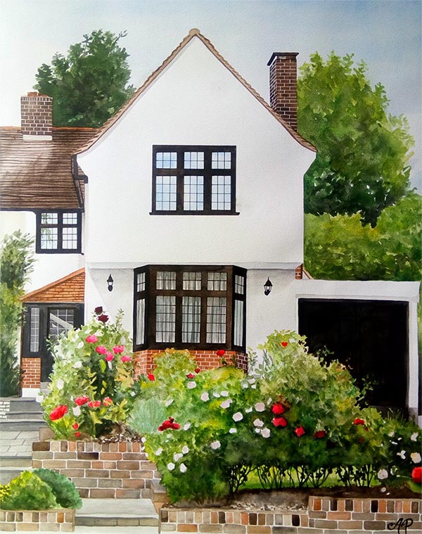 custom watercolor painting of a part of a house with roses