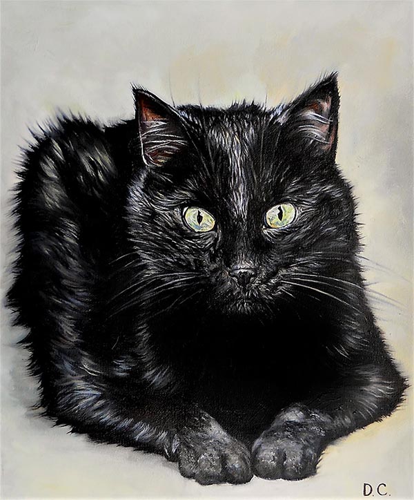 custom oil painting of short haired black cat