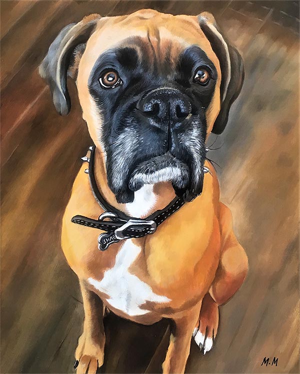 an oil painting of a light brown boxer
