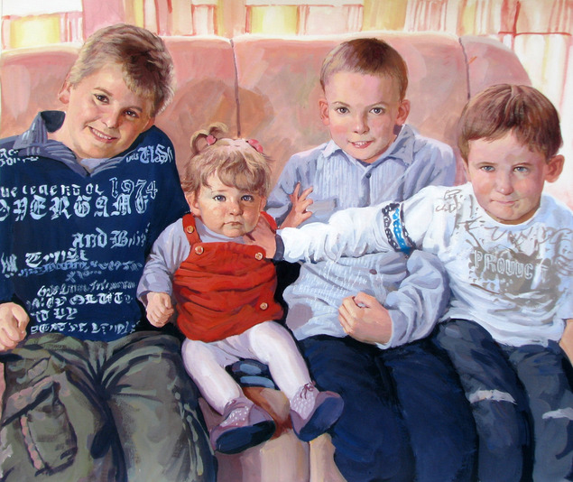 Painting of four children sitting on a couch together.