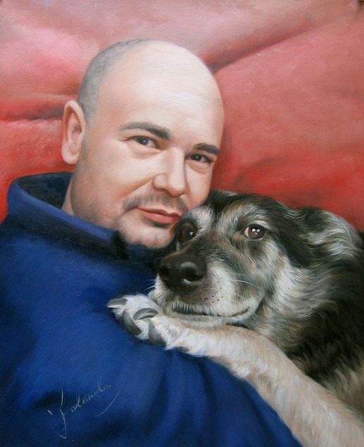 convert photo to oil painting father and dog pet portrait
