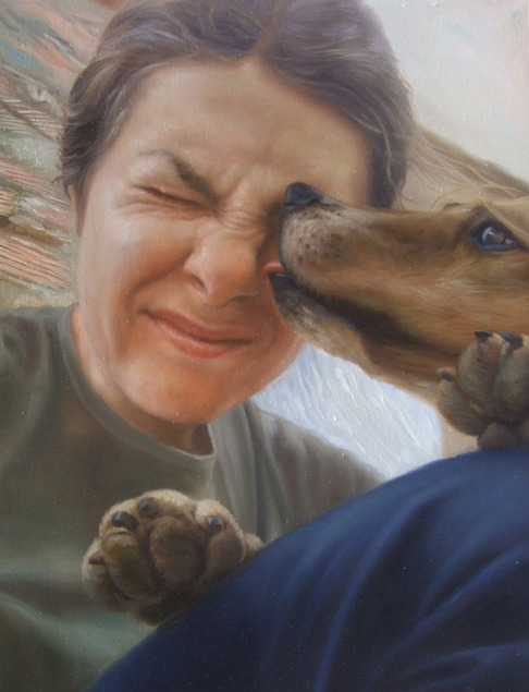 Custom oil painting of dog licking its owner