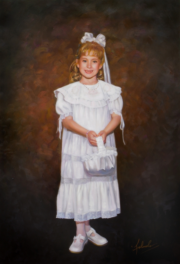 a custom oil painting of a child in white dress