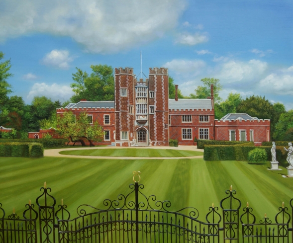 Custom oil painting of a red brick mansion