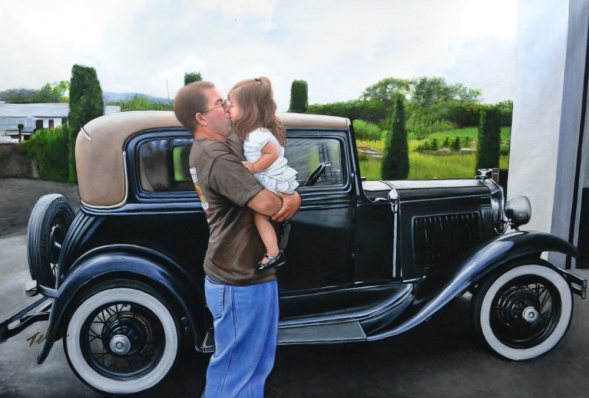 Painting of a man kissing a toddler he holds in his arms, beside a vintage car.