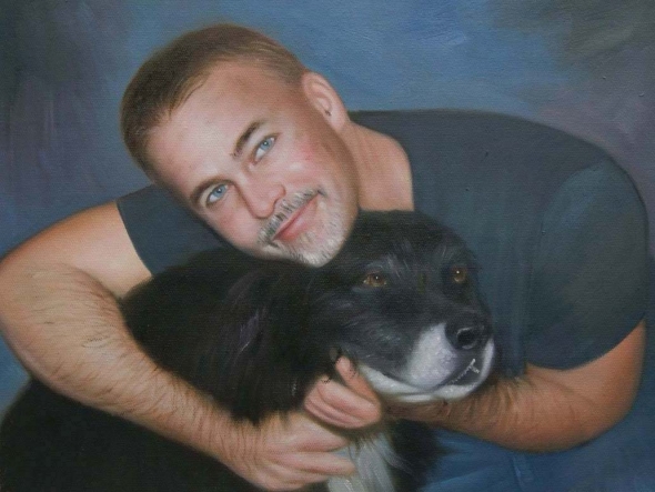 Handmade oil painting of a man hugging his dog