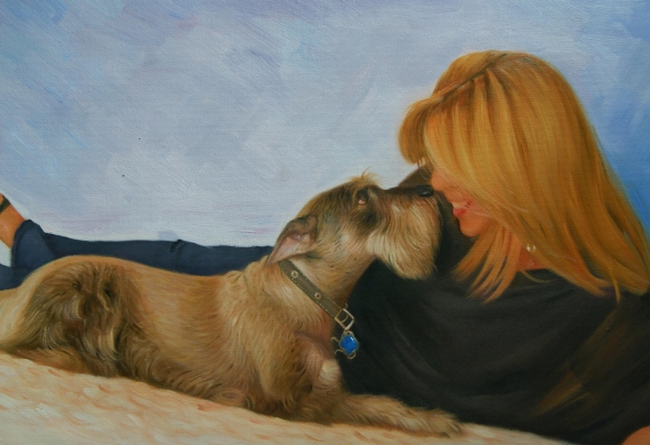 Painting of a woman and her dog nuzzling.