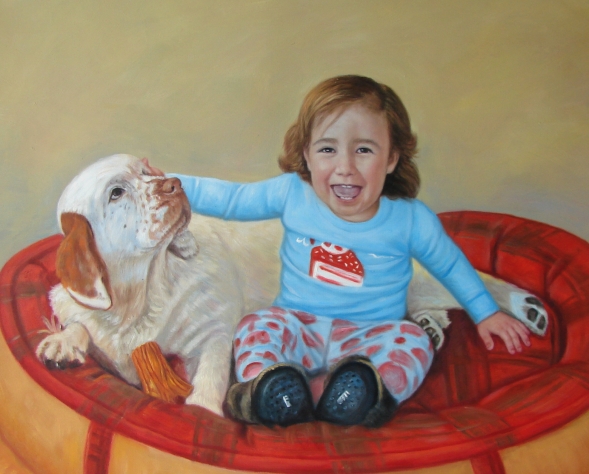 Handmade oil painting of a child a dog in the bed