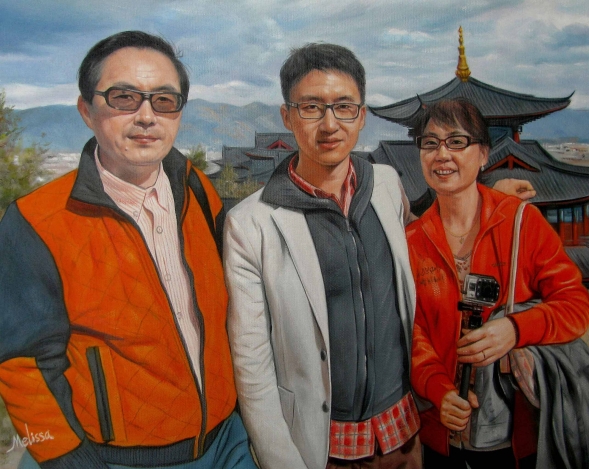 an oil panitng of asian family near temple