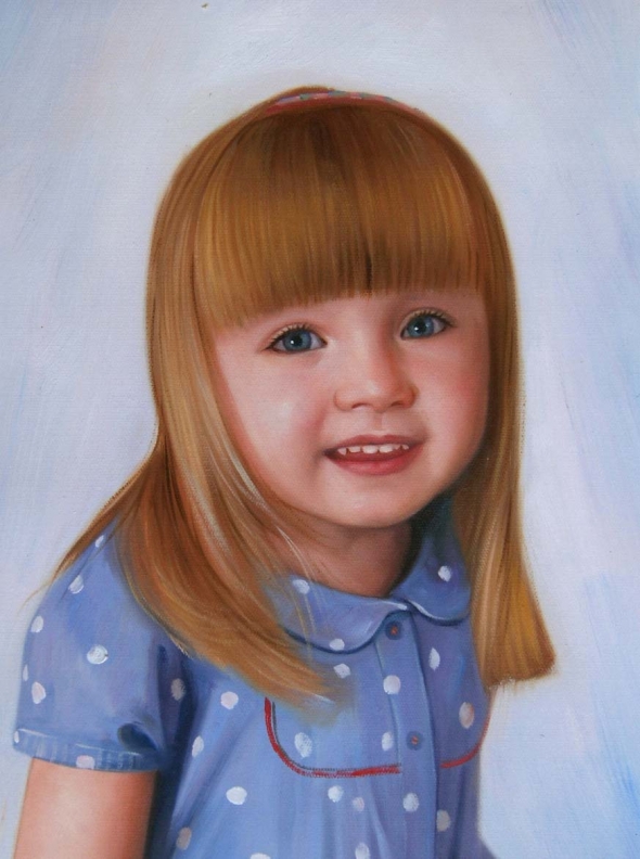 an oil paniting of an young girl with blue eyes