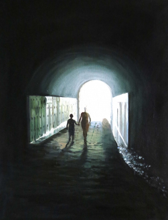 photo to oil painting silhouette walking through tunnel