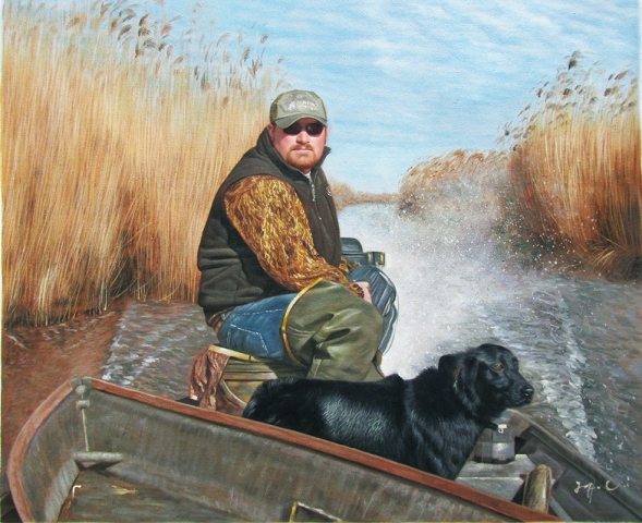 Custom oil portrait oof a dog and a man in a boat