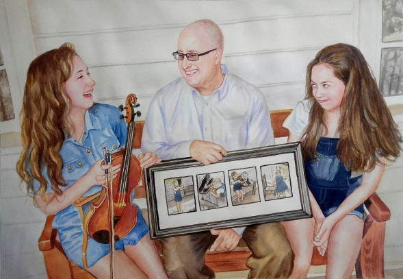 custom watercolor painting of father with children music