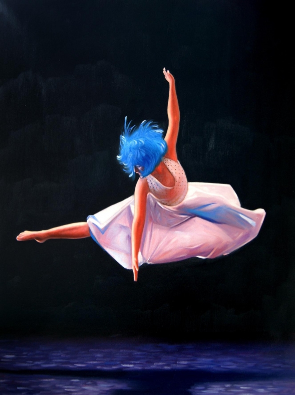picture to oil painting of ballerina in mid air blue hair