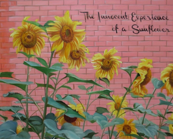 oil painting of sunflowers near brick wall