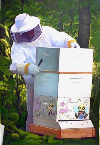custom oil painting of man with beehive 