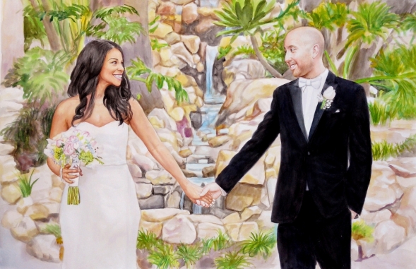 custom watercolor painting bride and groom near a waterfall