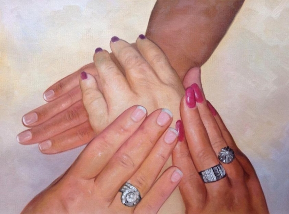 oil painting from photo of 4 woman holding hands