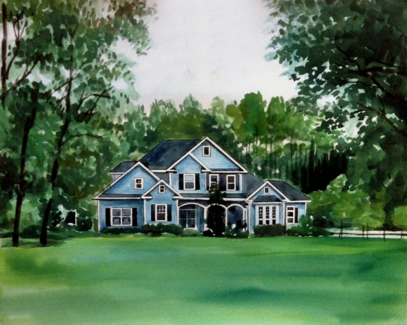 custom watercolor painting blue house surrounded with trees