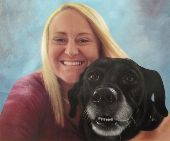 convert picture to oil painting woman smiling with black dog