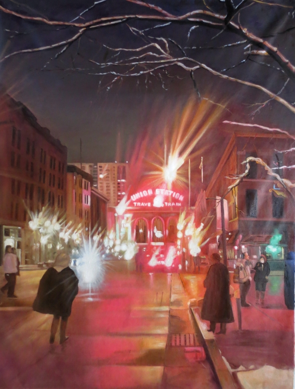 photo to oil painting on canvas of a typical winter night