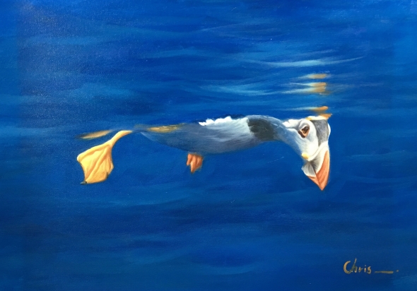 oil painting of duck floating in the water