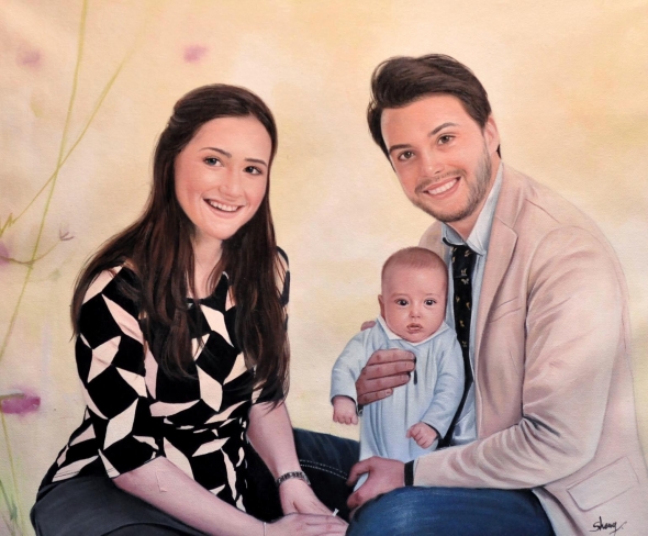 a custom oil paintng of a family with a newborn