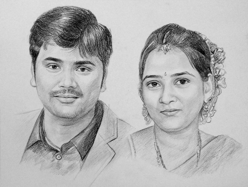 Pencil sketch of a couple`s portrait.